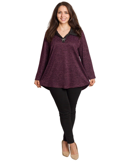 Стилна туника с яка в цвят бордо и големи размери