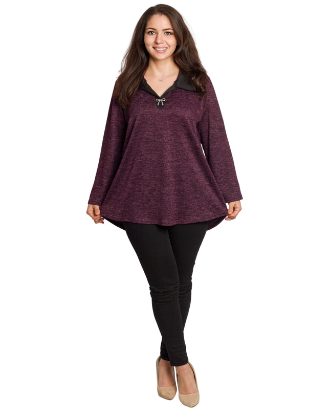 Стилна туника с яка в цвят бордо и големи размери