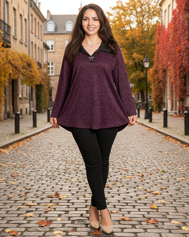 Стилна туника с яка в цвят бордо и големи размери