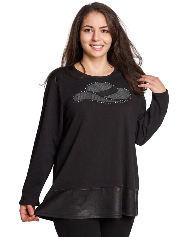 Черна туника с декорация и кожен ефект в долната част