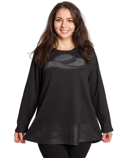 Черна туника с декорация и кожен ефект в долната част