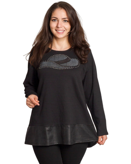 Черна туника с декорация и кожен ефект в долната част