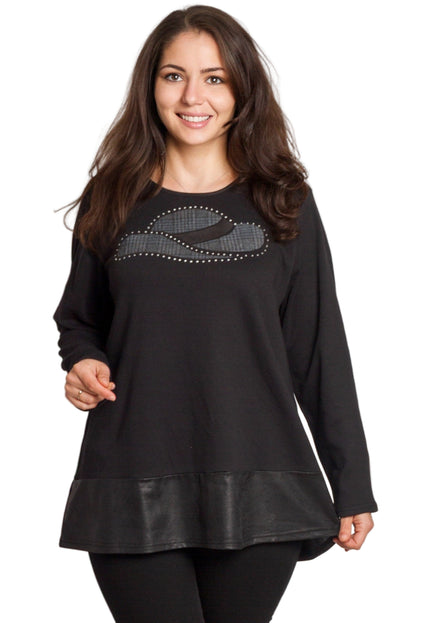 Черна туника с декорация и кожен ефект в долната част