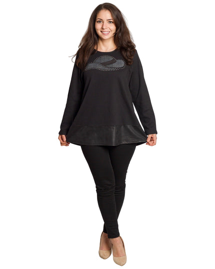 Черна туника с декорация и кожен ефект в долната част