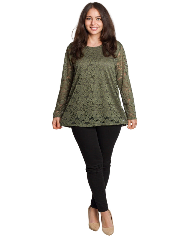 Официална макси зелена блуза с дантелени ръкави