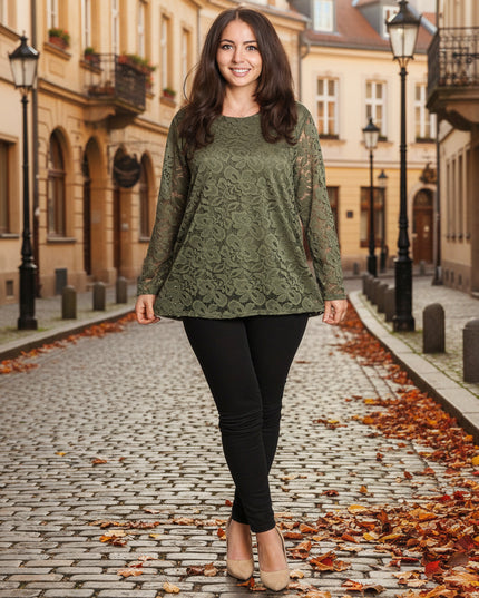 Официална макси зелена блуза с дантелени ръкави