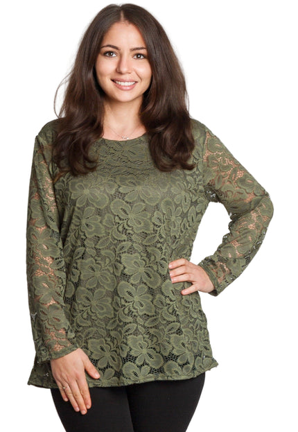 Официална макси зелена блуза с дантелени ръкави