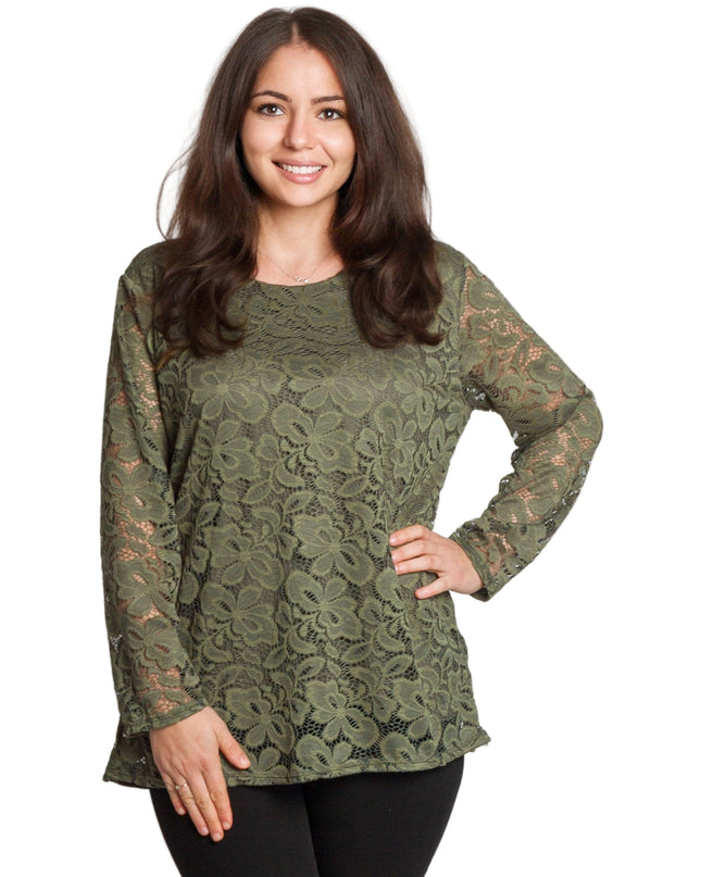 Официална макси зелена блуза с дантелени ръкави