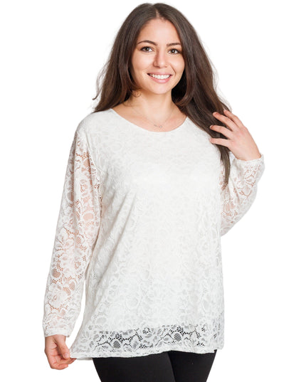 Бяла официална блуза с дантелени ръкави в макси размери