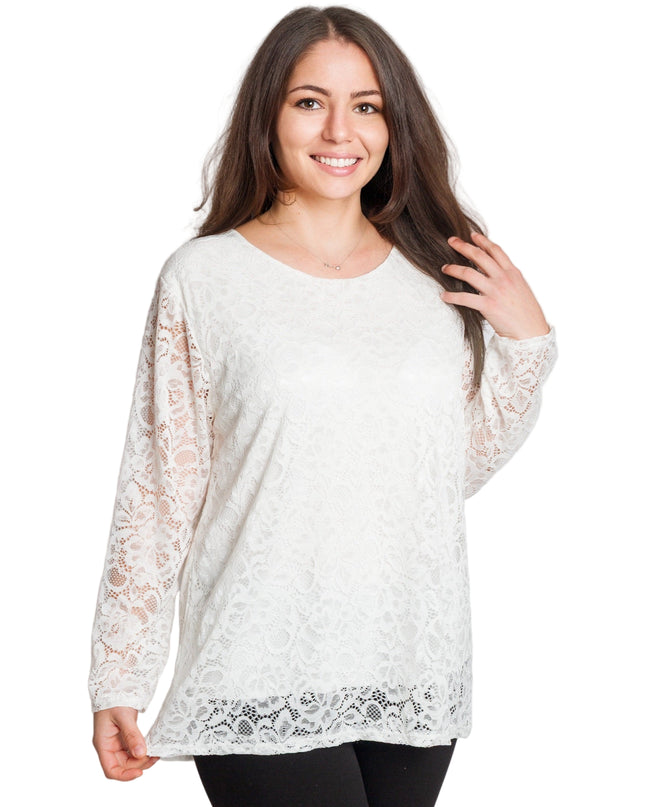 Бяла официална блуза с дантелени ръкави в макси размери