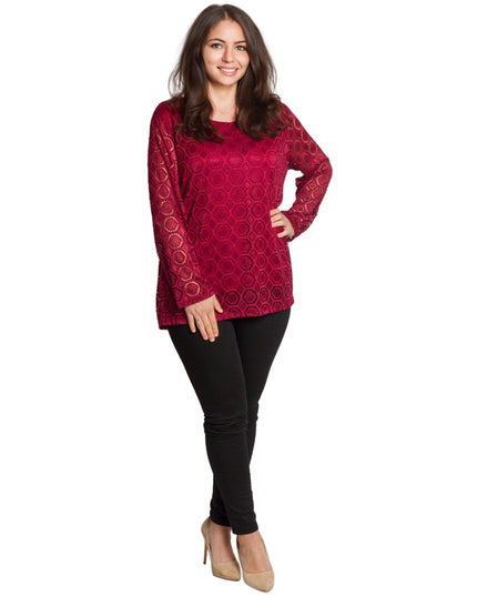 Официална бордо блуза с дантелени ръкави в големи размери