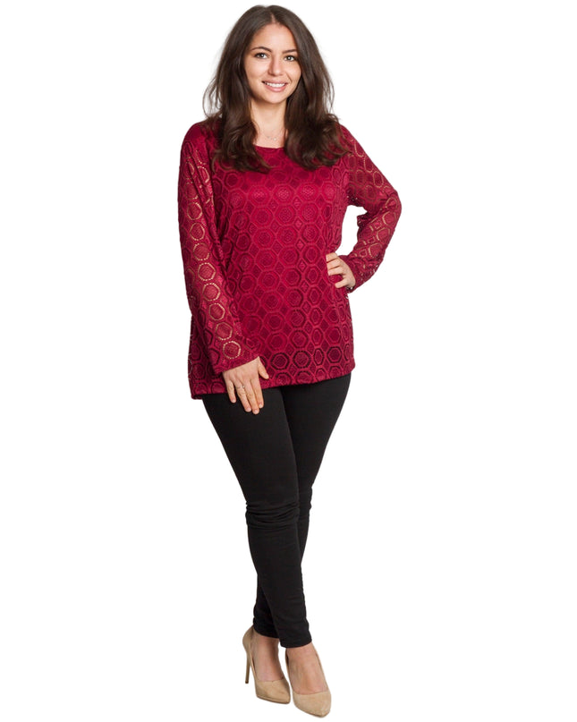 Официална бордо блуза с дантелени ръкави в големи размери
