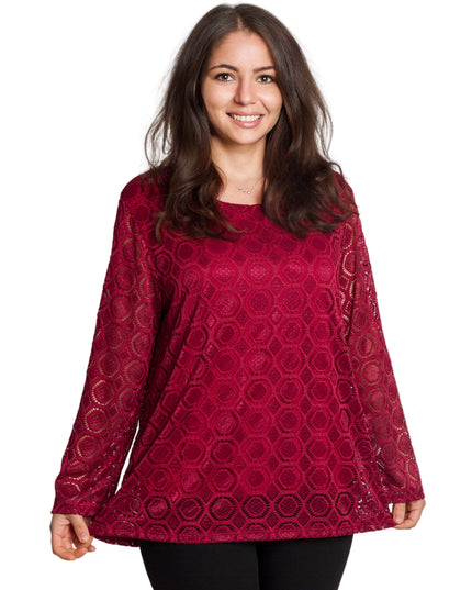 Официална бордо блуза с дантелени ръкави в големи размери