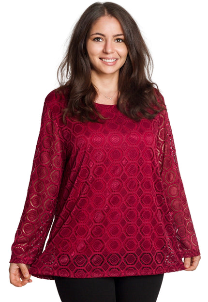 Официална бордо блуза с дантелени ръкави в големи размери