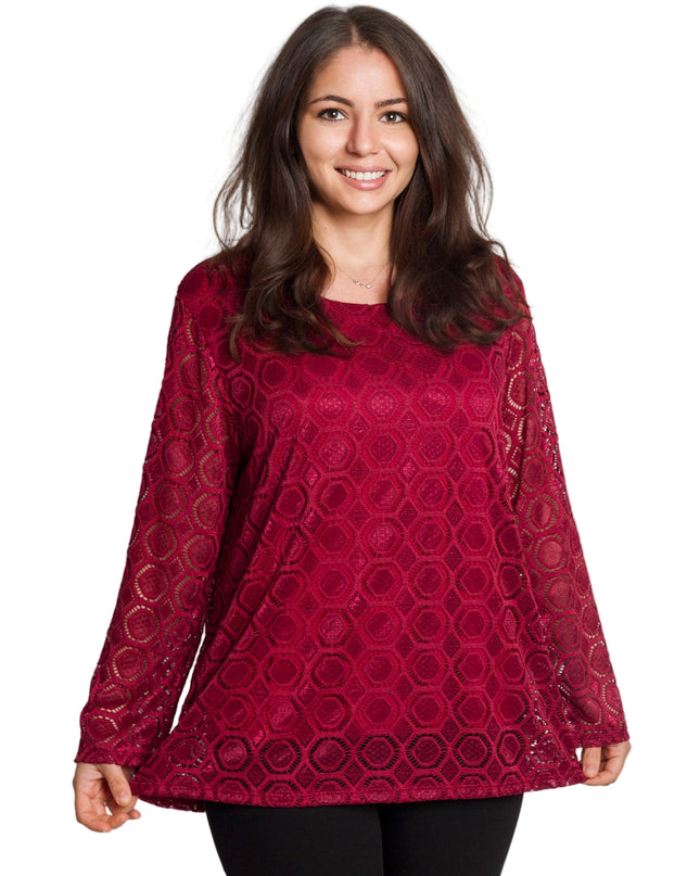 Официална бордо блуза с дантелени ръкави в големи размери