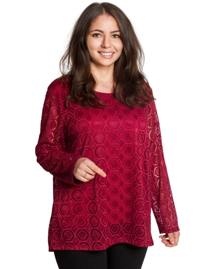 Официална бордо блуза с дантелени ръкави в големи размери