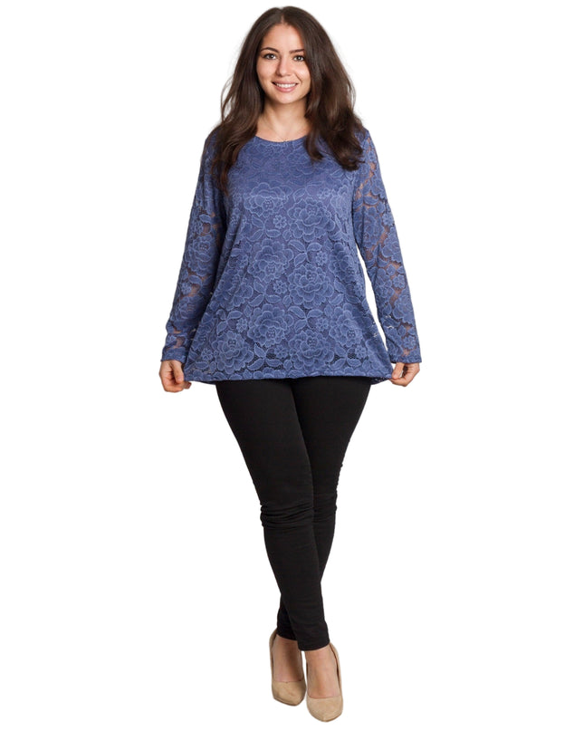 Официална синя блуза с дантелени ръкави в големи размери