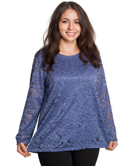 Официална синя блуза с дантелени ръкави в големи размери