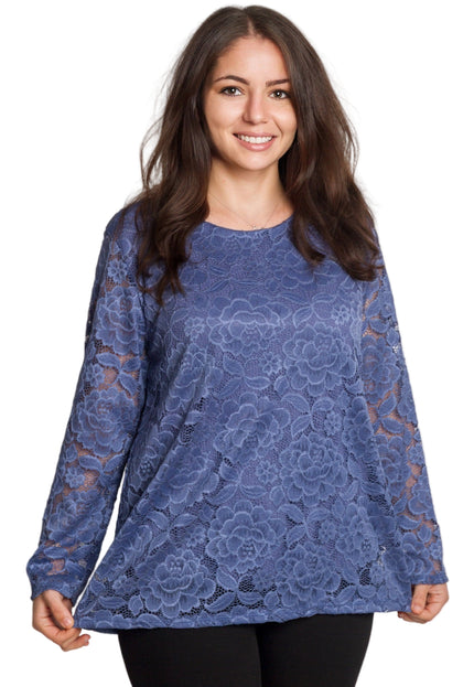 Официална синя блуза с дантелени ръкави в големи размери