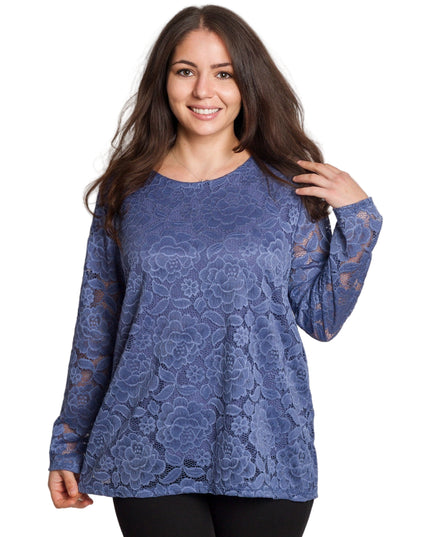 Официална синя блуза с дантелени ръкави в големи размери