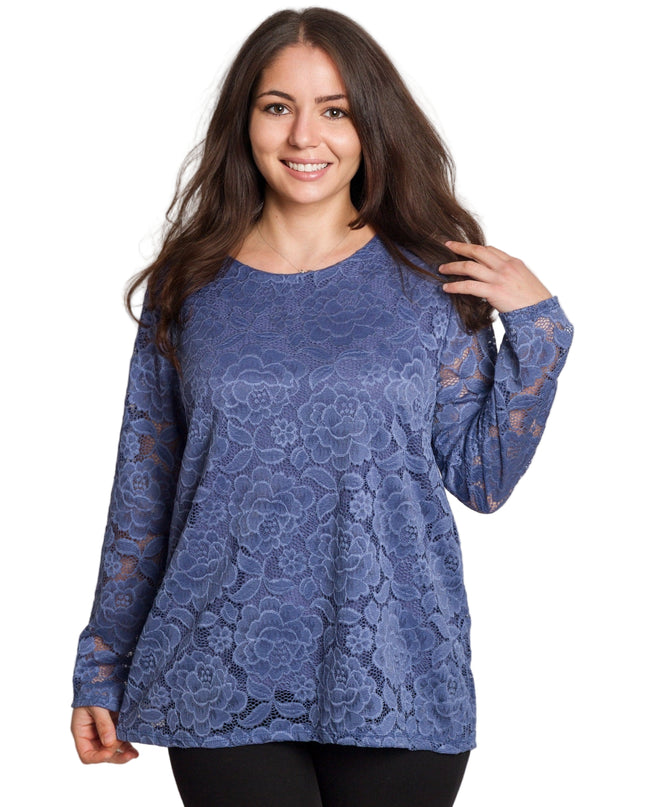 Официална синя блуза с дантелени ръкави в големи размери