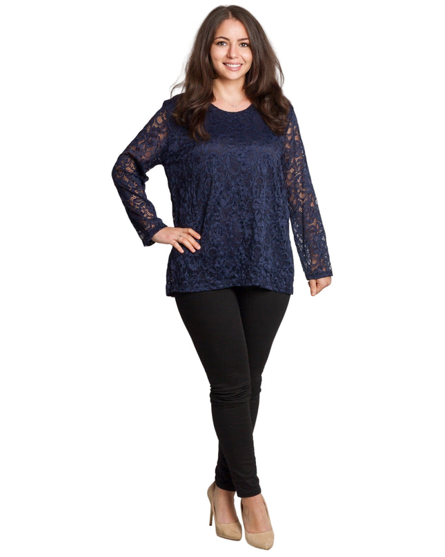 Официална тъмносиня блуза с дантелени ръкави