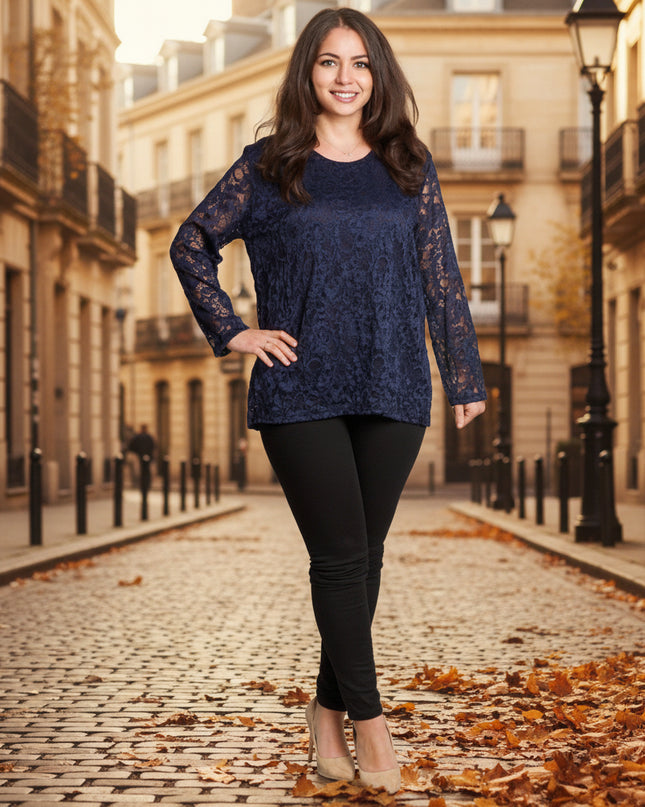 Официална тъмносиня блуза с дантелени ръкави