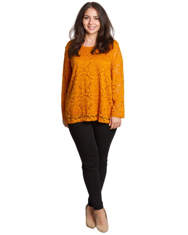 Официална оранжева блуза с дантелени ръкави