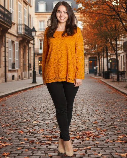 Официална оранжева блуза с дантелени ръкави