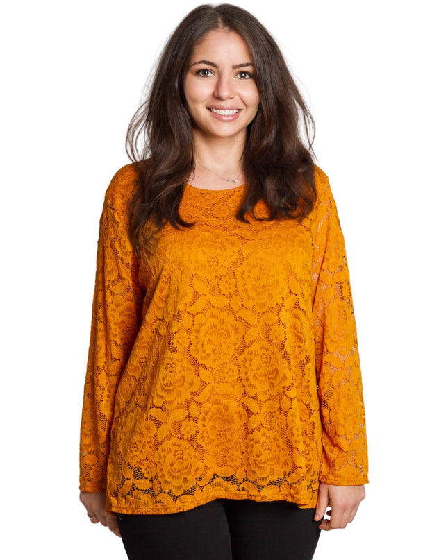 Официална оранжева блуза с дантелени ръкави