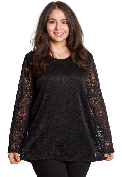 Черна официална блуза с дантелени ръкави в големи размери