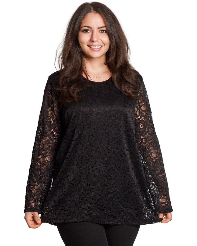 Черна официална блуза с дантелени ръкави в големи размери