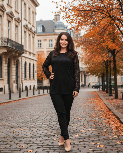 Черна официална блуза с дантелени ръкави в големи размери