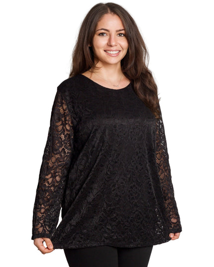 Черна официална блуза с дантелени ръкави в големи размери