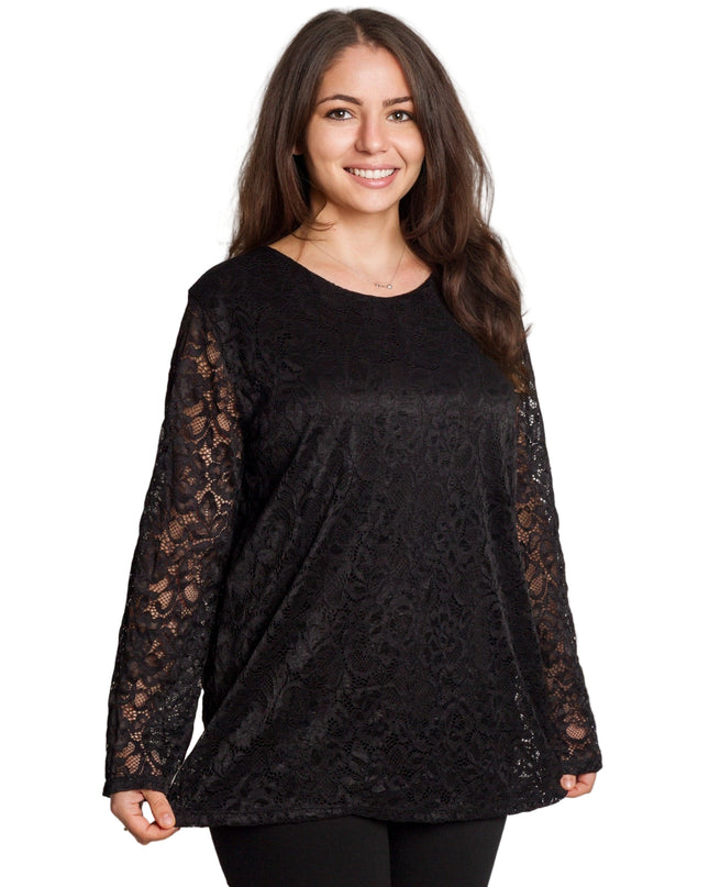 Черна официална блуза с дантелени ръкави в големи размери