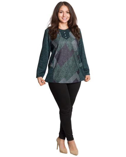 Зелена туника с геометричен принт и декоративни копчета