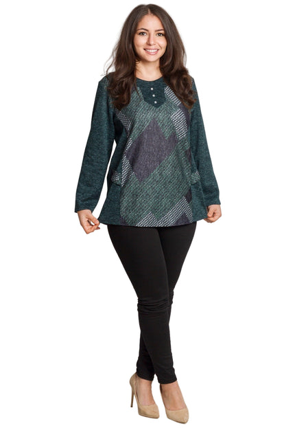 Зелена туника с геометричен принт и декоративни копчета