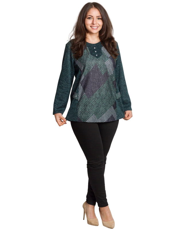 Зелена туника с геометричен принт и декоративни копчета