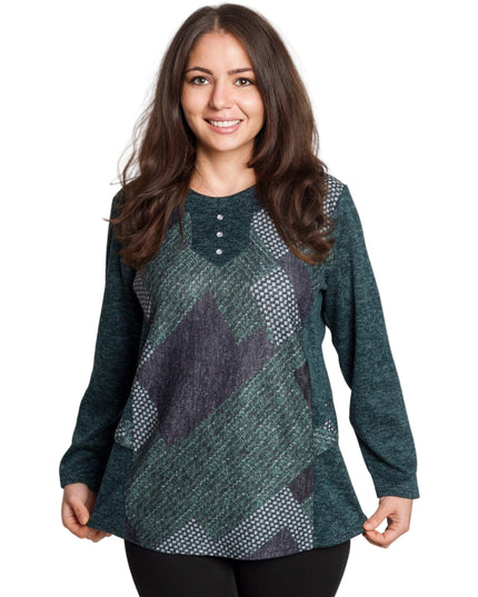 Зелена туника с геометричен принт и декоративни копчета