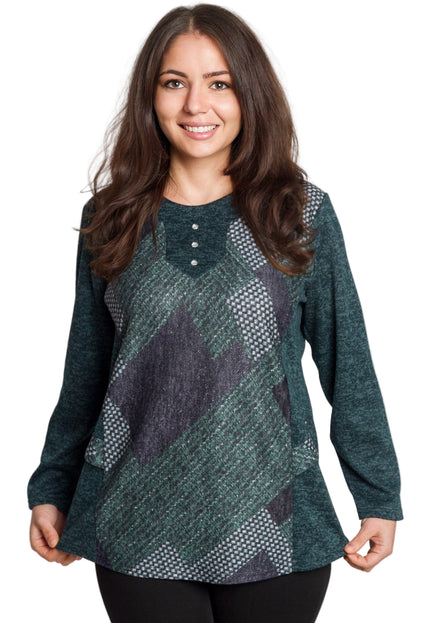 Зелена туника с геометричен принт и декоративни копчета