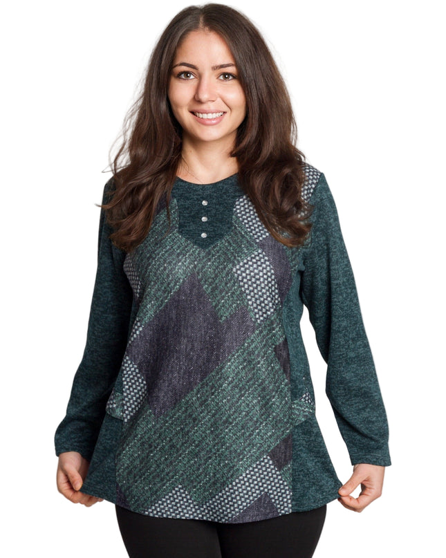 Зелена туника с геометричен принт и декоративни копчета
