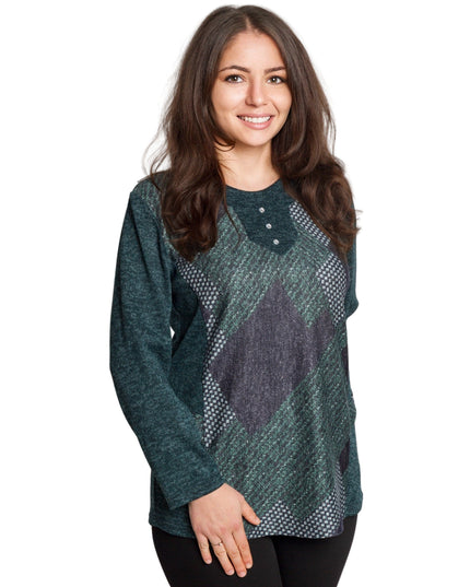 Зелена туника с геометричен принт и декоративни копчета