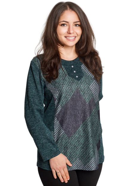 Зелена туника с геометричен принт и декоративни копчета