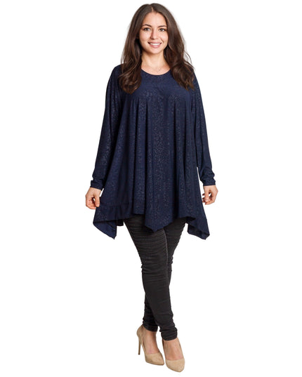 Тъмносиня разкроена туника с фин релеф и елегантен силует