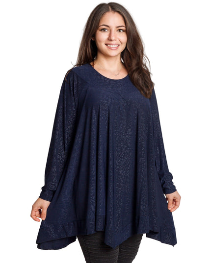 Тъмносиня разкроена туника с фин релеф и елегантен силует