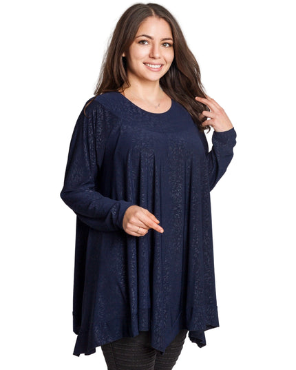 Тъмносиня разкроена туника с фин релеф и елегантен силует