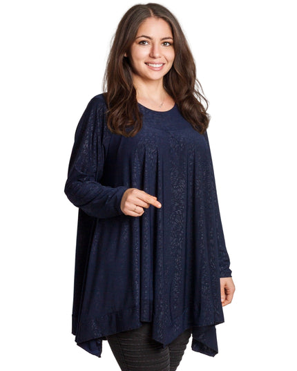 Тъмносиня разкроена туника с фин релеф и елегантен силует