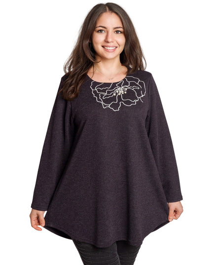 Тъмно лилава разкроена туника с флорална бродерия и перли