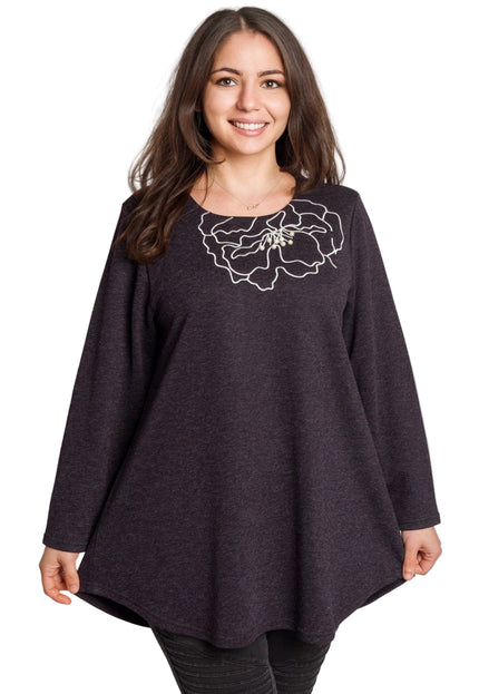 Тъмно лилава разкроена туника с флорална бродерия и перли