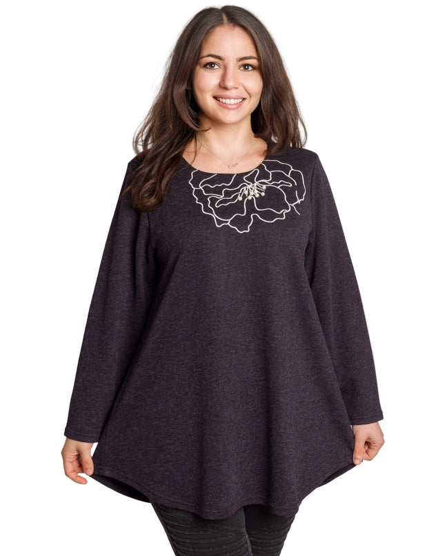 Тъмно лилава разкроена туника с флорална бродерия и перли